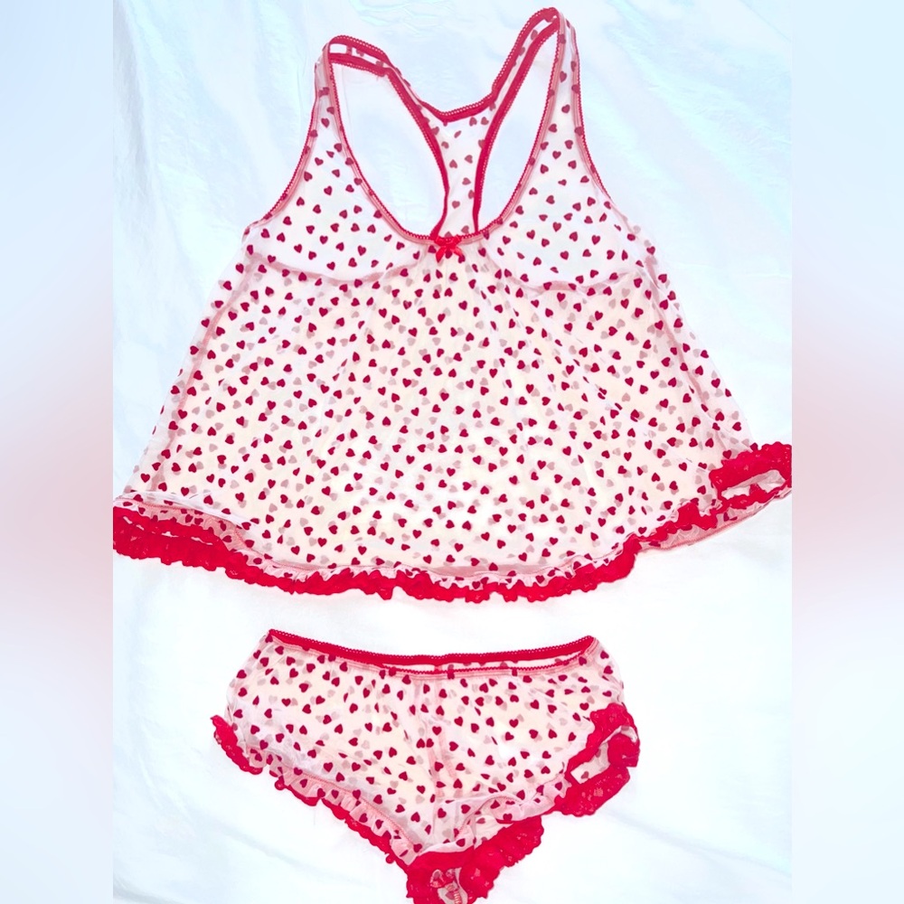 Victorias Secret velvet heart sheer babydoll top and shorts with ruffles size S